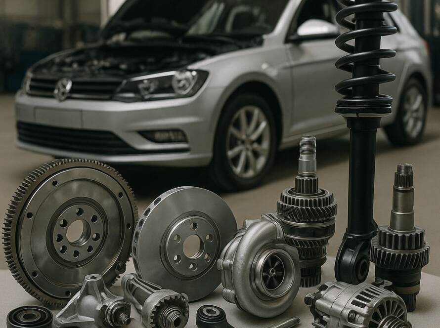 Componenti meccanici settore automotive con vettura in officina