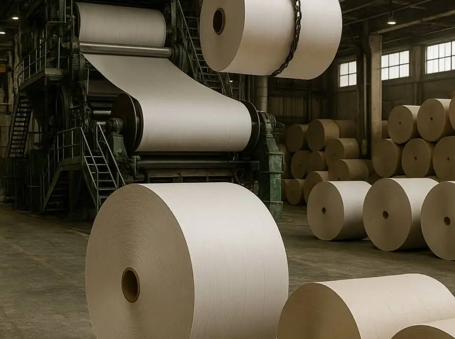 Bobine di carta in uno stabilimento cartario con macchinari industriali in funzione.