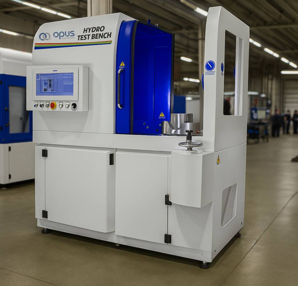 Banco di prova di tenuta hydro test bench opus automazione, per test ad alta pressione fino a 300 bar.