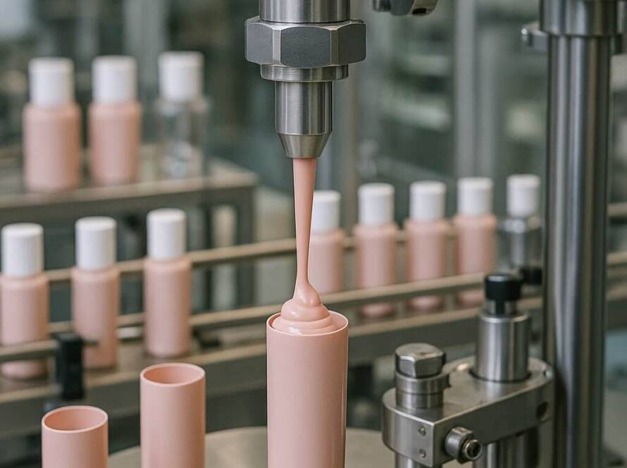 Linea di riempimento automatizzata per produzione cosmetica in flaconi