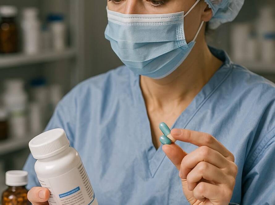 Operatrice farmaceutica con mascherina controlla capsule e flaconi