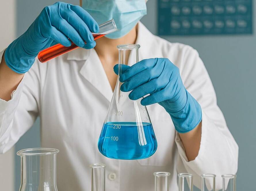 Operatrice di laboratorio chimico mentre esegue un'analisi con provette e becher colorati
