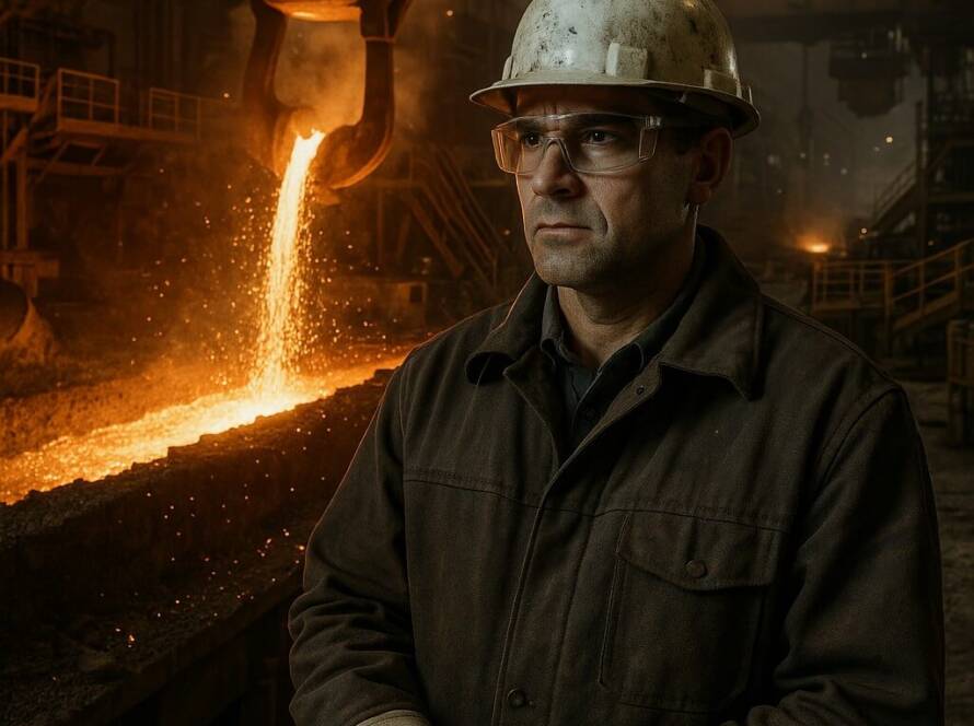 Operatore in acciaieria durante il processo di fusione nel settore metallurgico