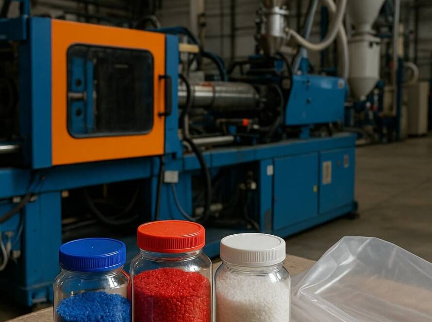 Impianto industriale per lavorazione di plastiche e polimeri con granulati colorati