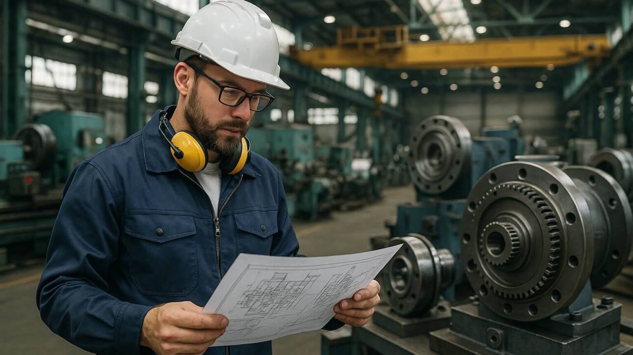 Ingegnere controlla progetto su linea di produzione macchinari industriali