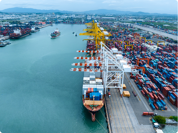 Veduta aerea di un porto con navi cargo e gru per il carico/scarico container, rappresentativa dell'efficienza logistica gestita da Progship.