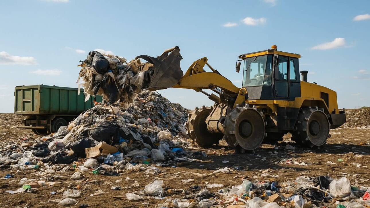 Movimentazione rifiuti in discarica con pale meccaniche per la gestione dello smaltimento.