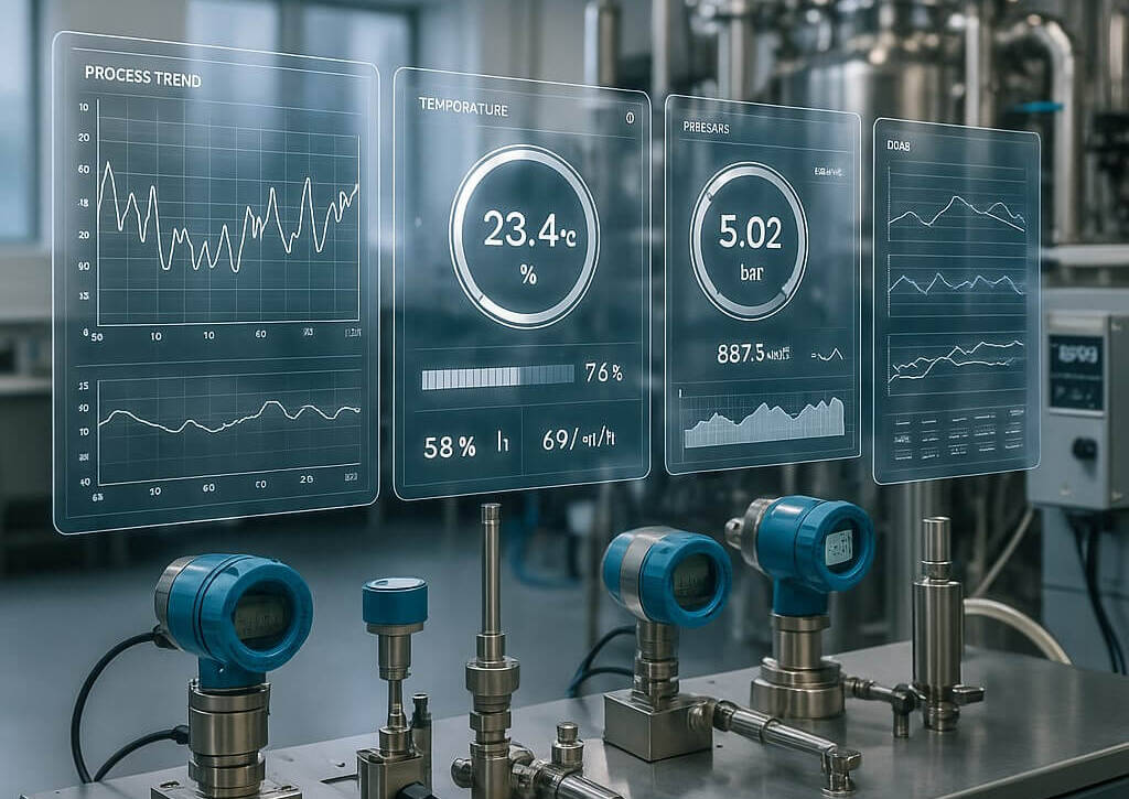 Strumentazione industriale con interfaccia software per monitoraggio in tempo reale di temperatura e pressione