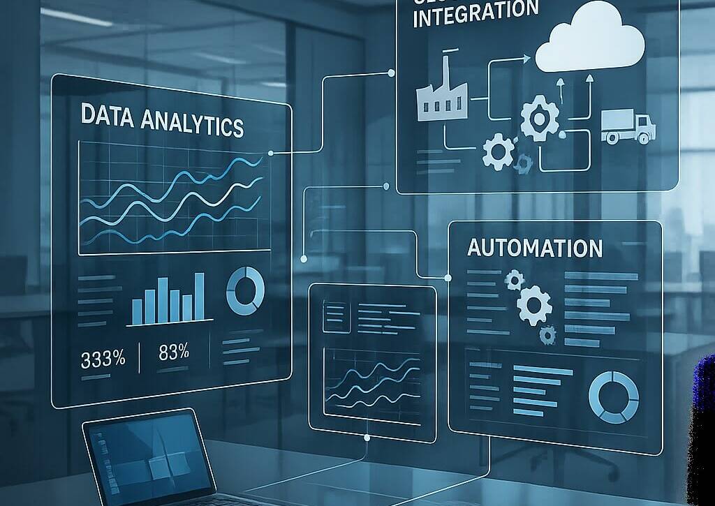 Dashboard digitale con dati di analytics, integrazione cloud e automazione industriale