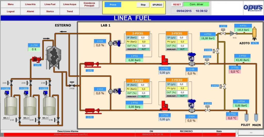 Interfaccia SCADA linea fuel per banco prova test su bruciatori