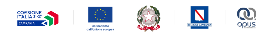 Fascia di loghi contenenti i loghi di: Coesione Italia Unione Europea Ministero Italiano, Regione Campania e opus automazione