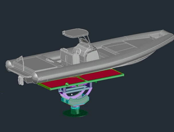 Render CAD del sistema TME per l’automazione navale: visualizzazione della piattaforma automatizzata per l’installazione di appendici idrodinamiche su natante, finalizzate alla riduzione dell’attrito e all’efficienza energetica