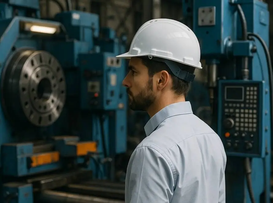 Tecnico con casco di sicurezza davanti a un macchinario industriale in un impianto di produzione.
