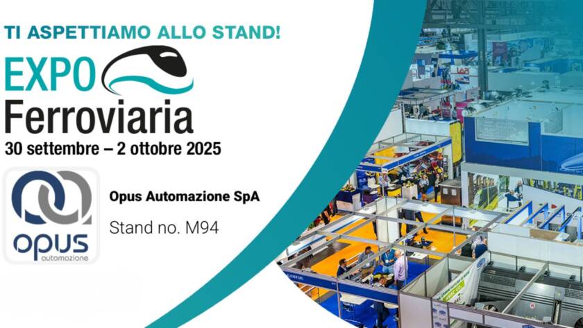 Banner Opus Automazione SpA a Expo Ferroviaria 2025, stand M94, con vista panoramica degli espositori della fiera.