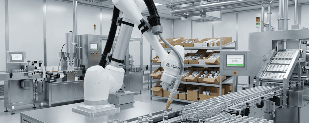 Cobot per riempimento flaconi in azienda farmaceutica